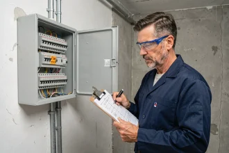 Électricien professionnel examinant un tableau électrique résidentiel ouvert avec des rangées de disjoncteurs différentiels