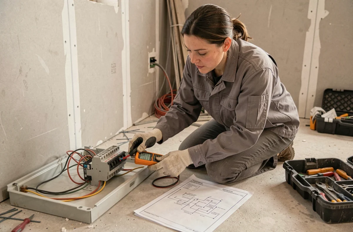 Électricienne installant un nouveau tableau électrique sur un chantier de rénovation en utilisant un multimètre pour vérifier les disjoncteurs