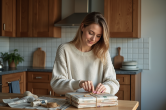 Femme emballant un colis dans la cuisine avec soin