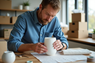 Homme emballant une vase en céramique dans un bureau lumineux