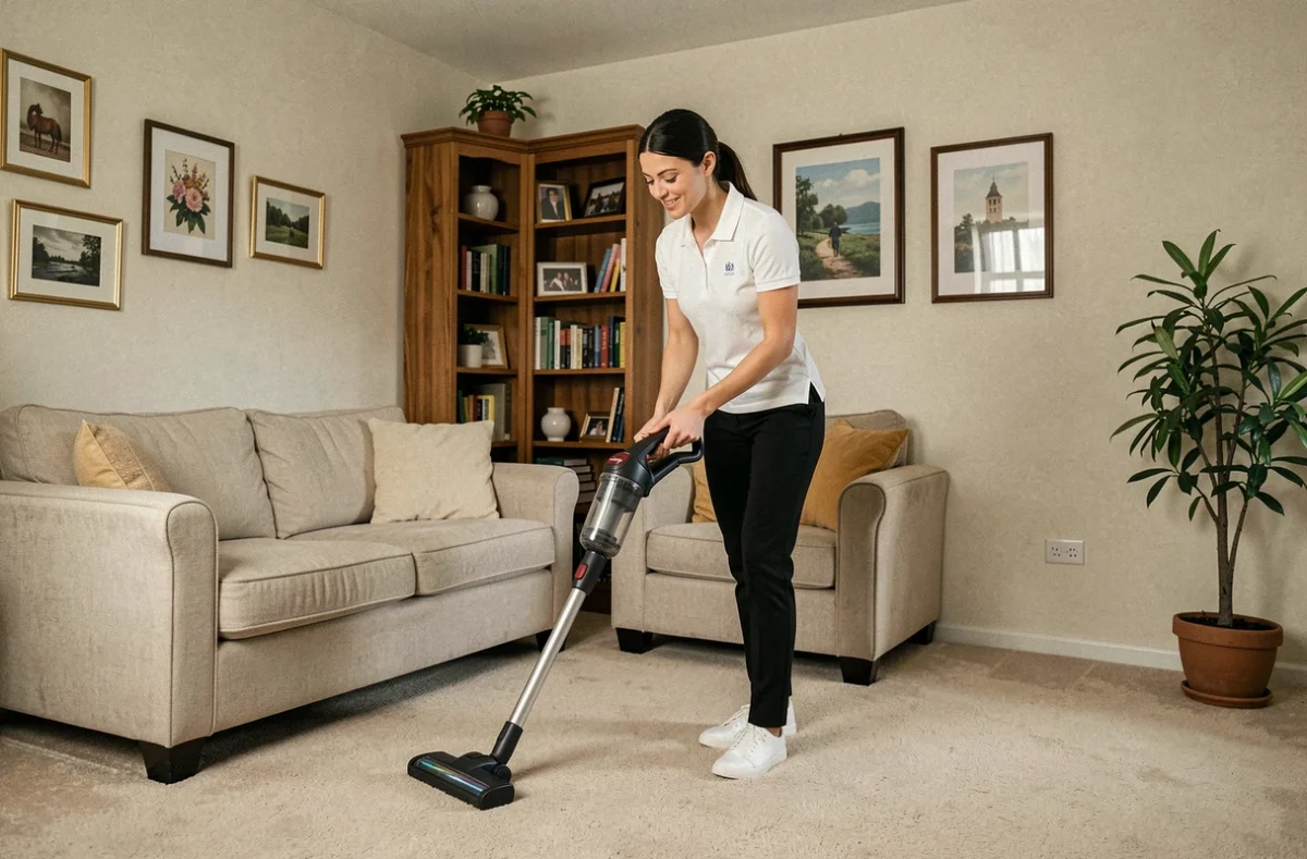 Employée de maison passant l'aspirateur dans un salon familial chaleureux