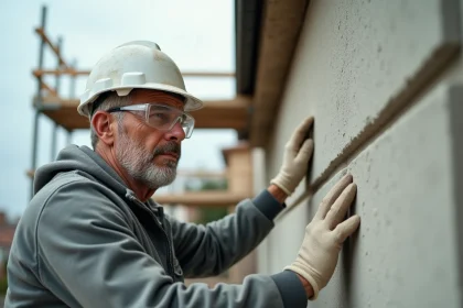 Ouvrier appliquant un enduit extérieur sur un panneau de polystyrène lors d'une rénovation de façade