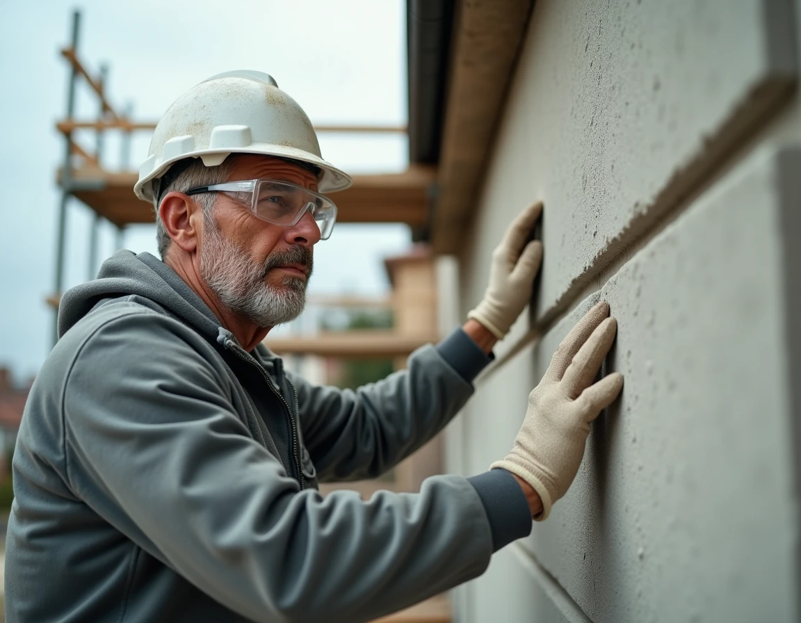 Ouvrier appliquant un enduit extérieur sur un panneau de polystyrène lors d'une rénovation de façade