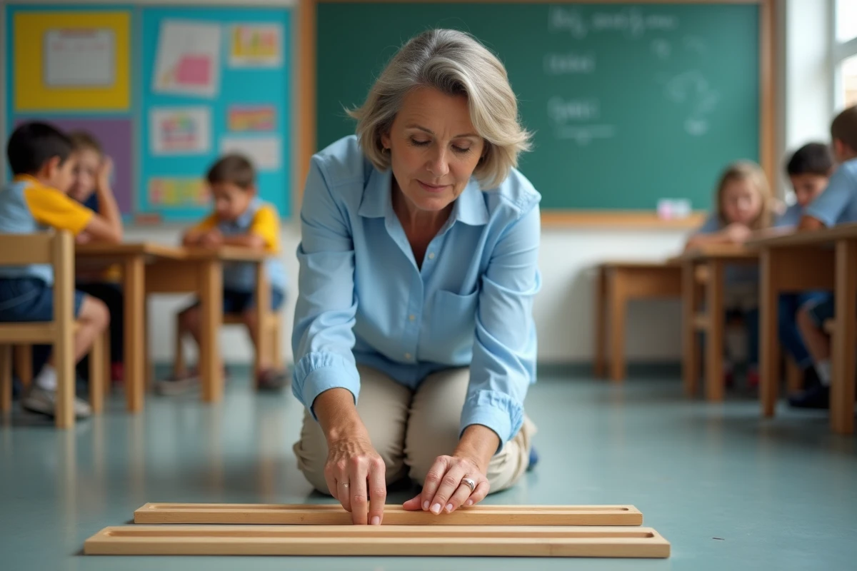 Femme expliquant le calcul du mètre cube en classe