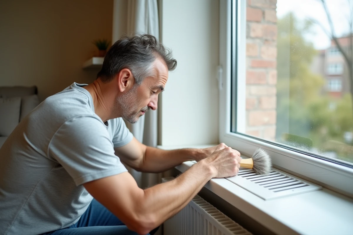 Homme entretenant une aération de fenêtre en nettoyant la grille avec une brosse douce