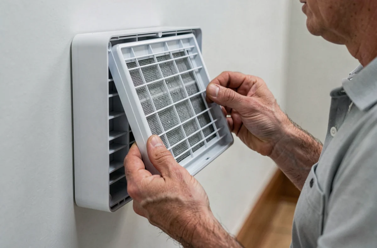 Technicien inspectant le filtre d'une pompe à chaleur air-air lors d'une maintenance