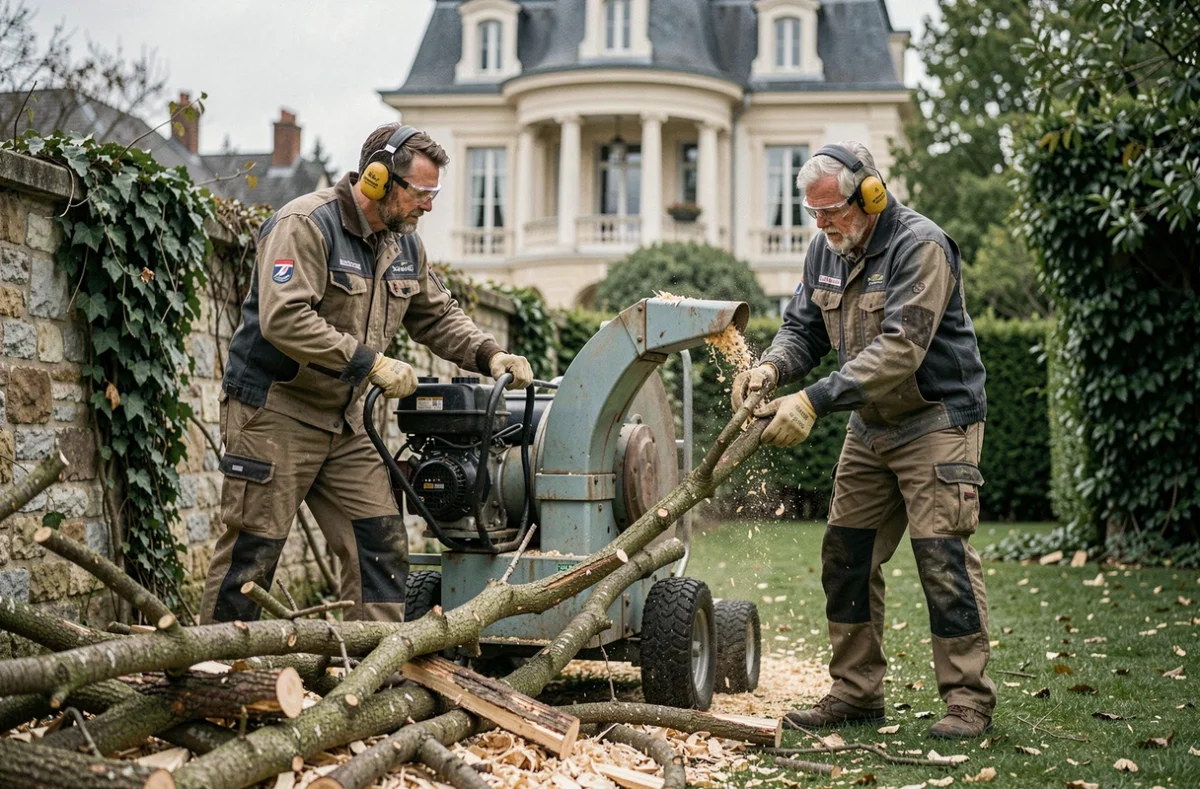 Équipe d'élagueurs professionnels au sol broyant les branches coupées avec un broyeur lors d'un chantier d'élagage à Argenteuil