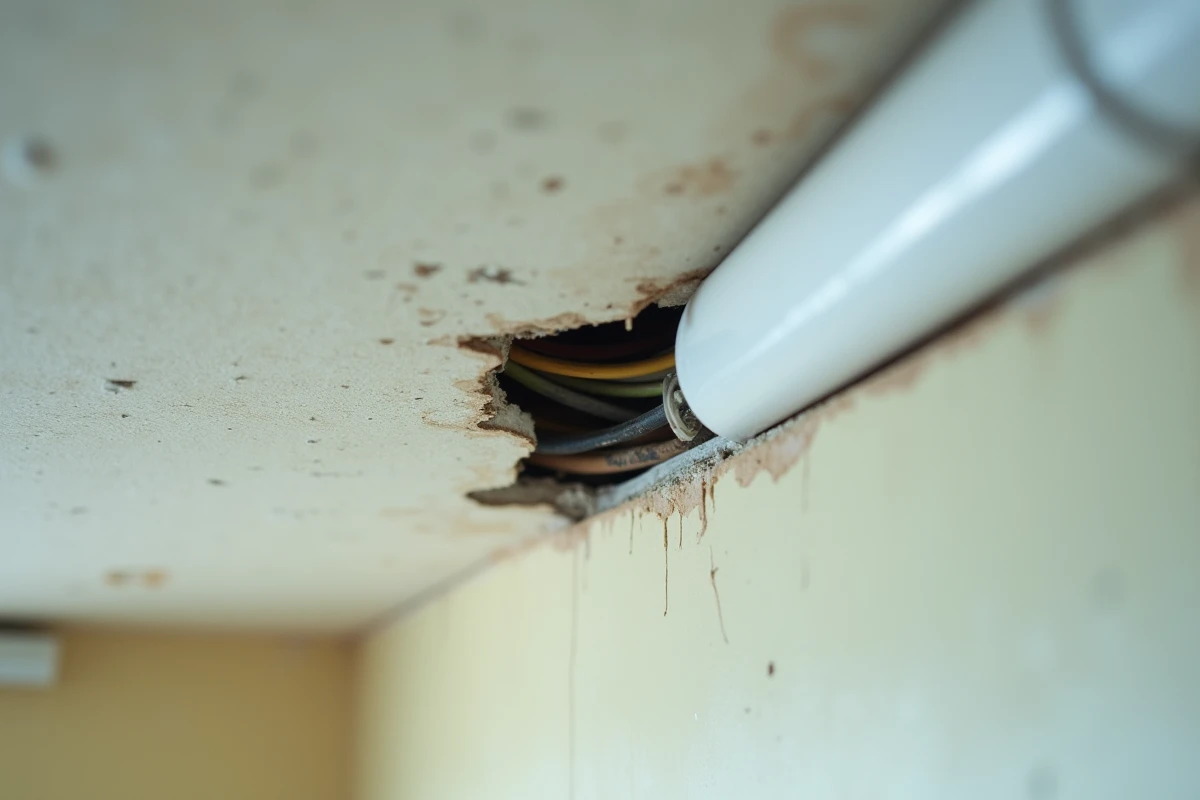 Goulotte en plastique mal installée au plafond avec joint décollé et mauvais alignement des sections