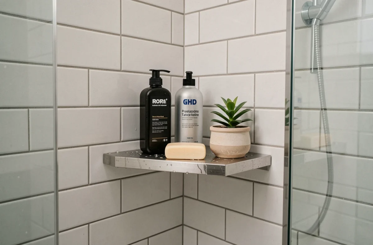 Étagère d'angle en inox installée dans une douche moderne avec carrelage blanc et accessoires de salle de bain bien rangés