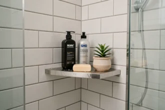 Étagère d'angle en inox installée dans une douche moderne avec carrelage blanc et accessoires de salle de bain bien rangés