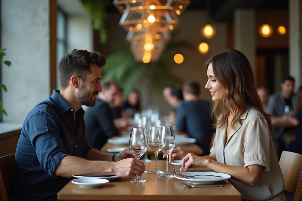 Couple attablé dans un restaurant contemporain avec verres à eau et à vin correctement positionnés selon l'étiquette de table moderne
