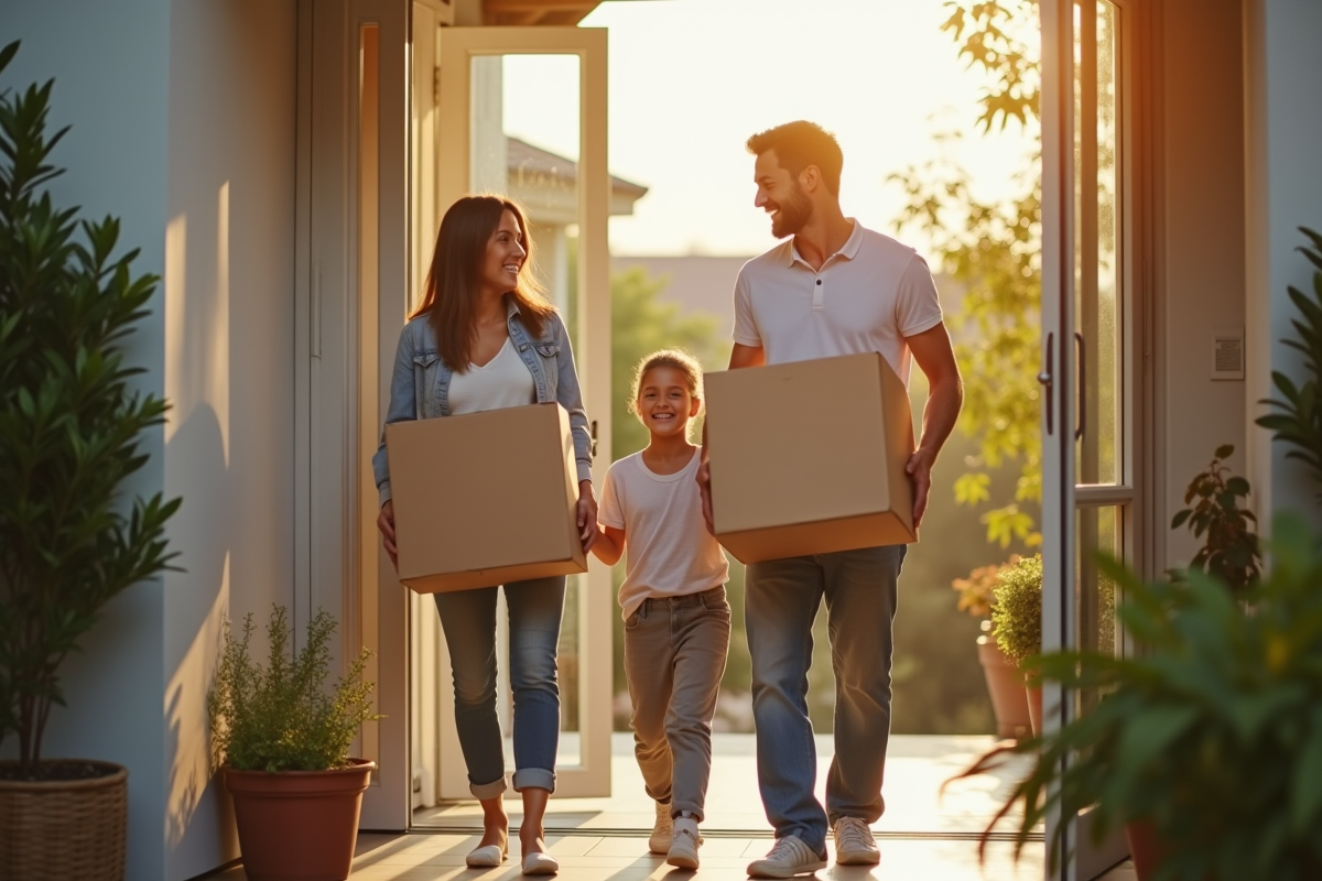 Famille heureuse portant des cartons dans une maison lumineuse