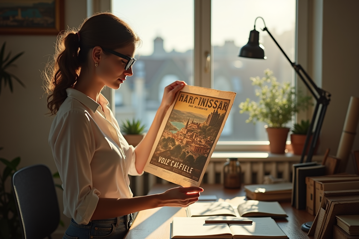 Femme inspectant une affiche ancienne dans un atelier lumineux