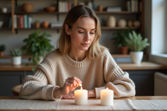 Femme en intérieur moderne allumant des bougies dans un appartement