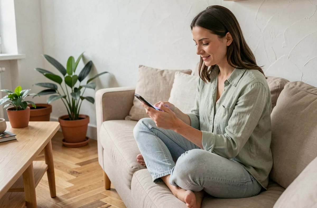 Femme utilisant une application de gestion de maison et de budget sur son smartphone dans un salon scandinave bien rangé