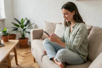 Femme utilisant une application de gestion de maison et de budget sur son smartphone dans un salon scandinave bien rangé