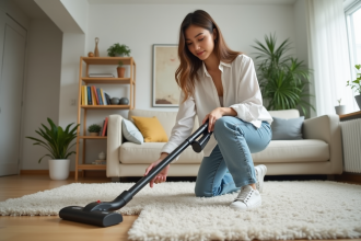 Femme utilisant un aspirateur sans sac dans un salon lumineux