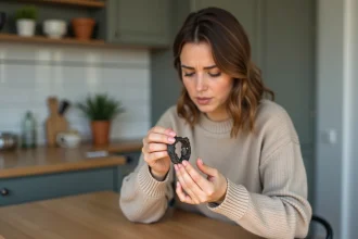 Femme examinant une bague en argent oxydée dans une cuisine chaleureuse