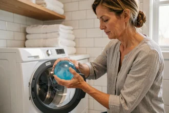 Femme plaçant une boule de lavage dans le tambour d'un lave-linge à hublot