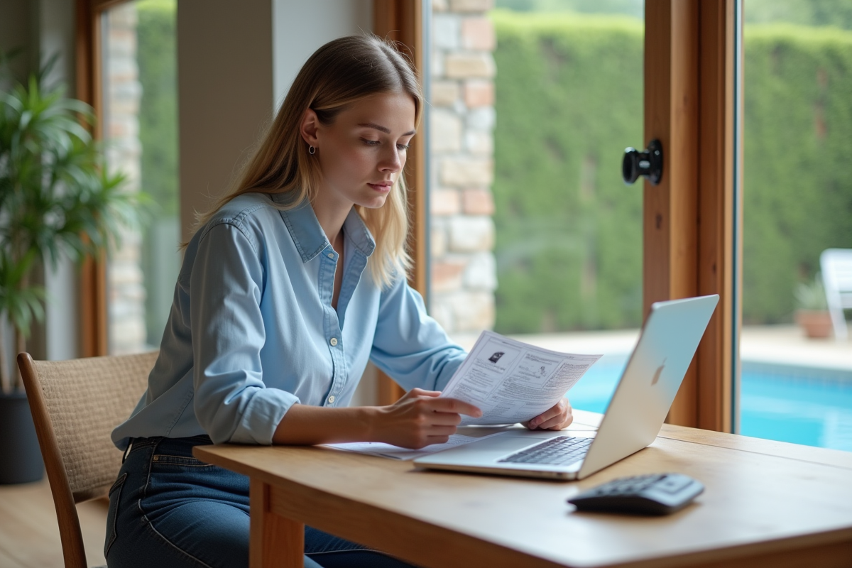 Jeune femme calculant le chauffage de la piscine à la maison