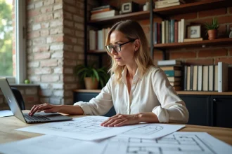 Femme consultant des plans architecturaux dans un bureau à domicile moderne pour comprendre le concept Ancronix Maison