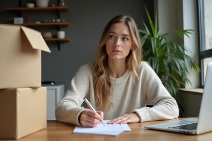Femme remplissant un formulaire de changement d'adresse dans un appartement