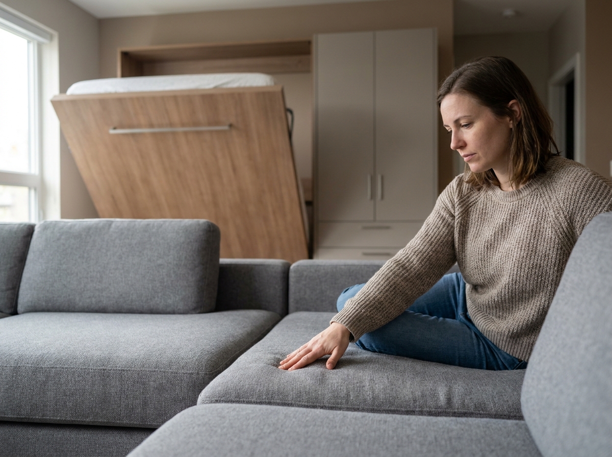 Femme testant la fermeté d'un canapé modulable gris dans un salon-chambre moderne avec lit escamotable en fond