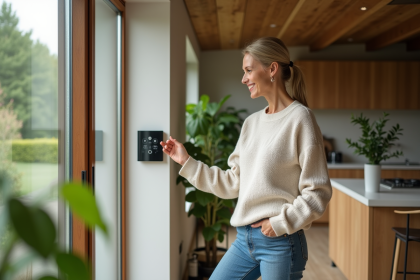 Femme vérifiant le panneau de contrôle climatique dans une maison écologique
