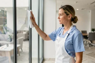 Femme de ménage professionnelle nettoyant une vitre dans un bureau moderne avec un chiffon microfibre