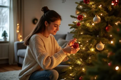 Jeune femme décorant un sapin de Noël avec des lumières classiques