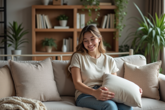 Jeune femme arrangeant des coussins dans un salon cosy