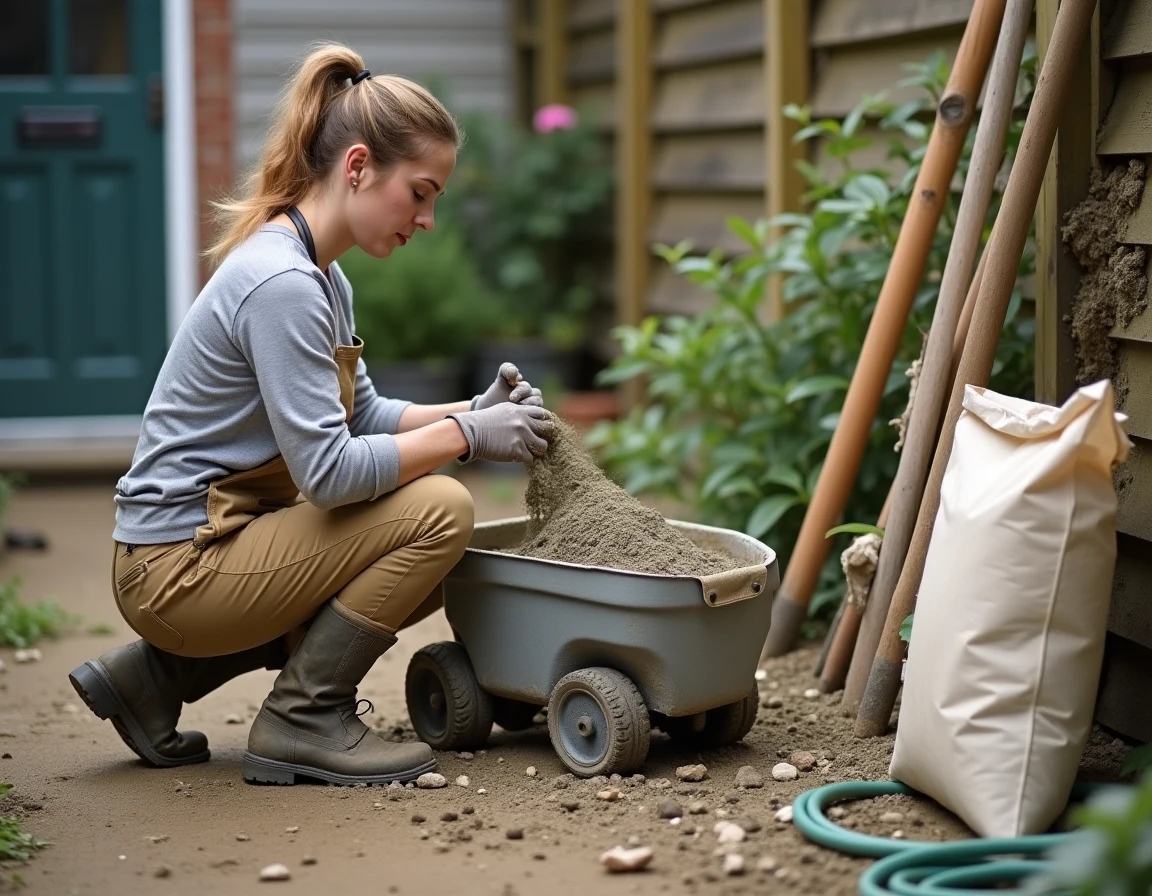 Femme dosant le béton à la pelle au bord d'une auge de gâchage pour petits travaux de muret dans un jardin
