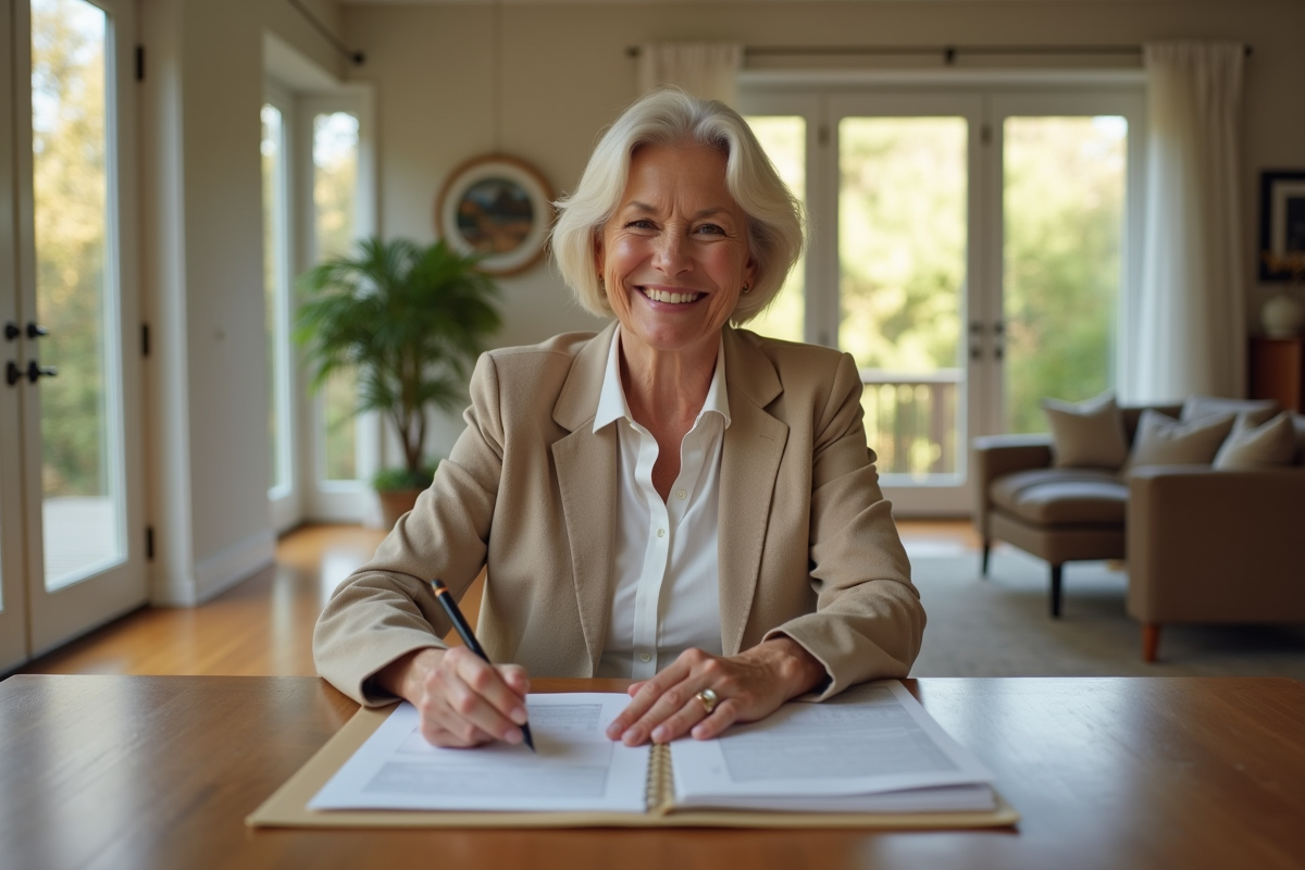 Femme mature examinant des documents immobiliers à la maison