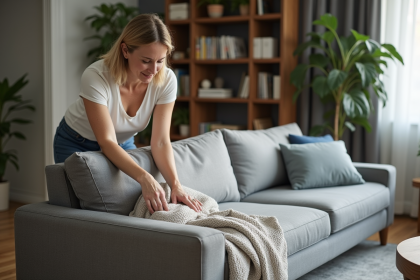 Femme en homewear posant un plaid sur un canapé moderne