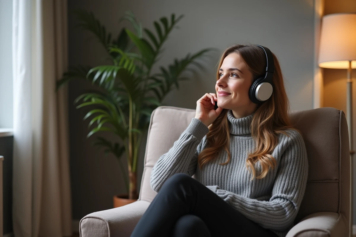 Jeune femme relaxée écoutant musique dans salon isolé