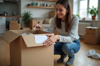 Jeune femme emballant une boxe dans un appartement