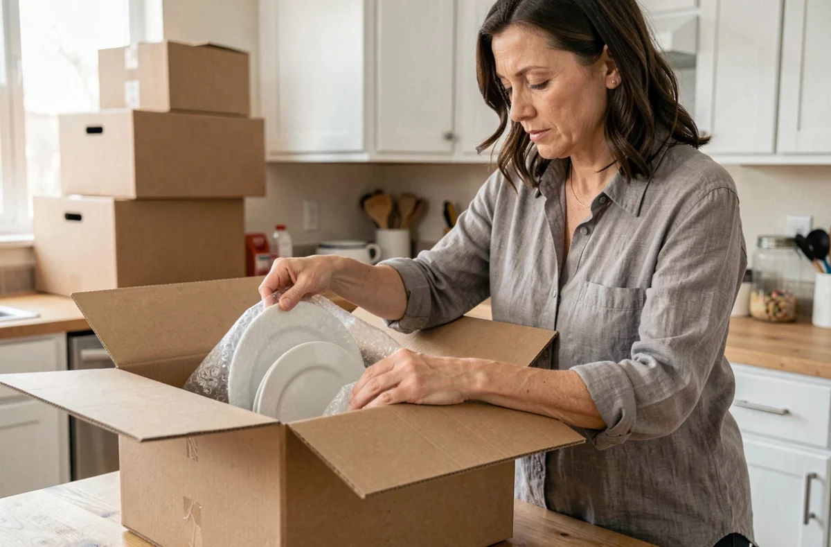 Femme emballant de la vaisselle dans un carton de déménagement sur un plan de travail de cuisine