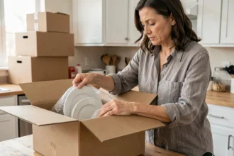 Femme emballant de la vaisselle dans un carton de déménagement sur un plan de travail de cuisine
