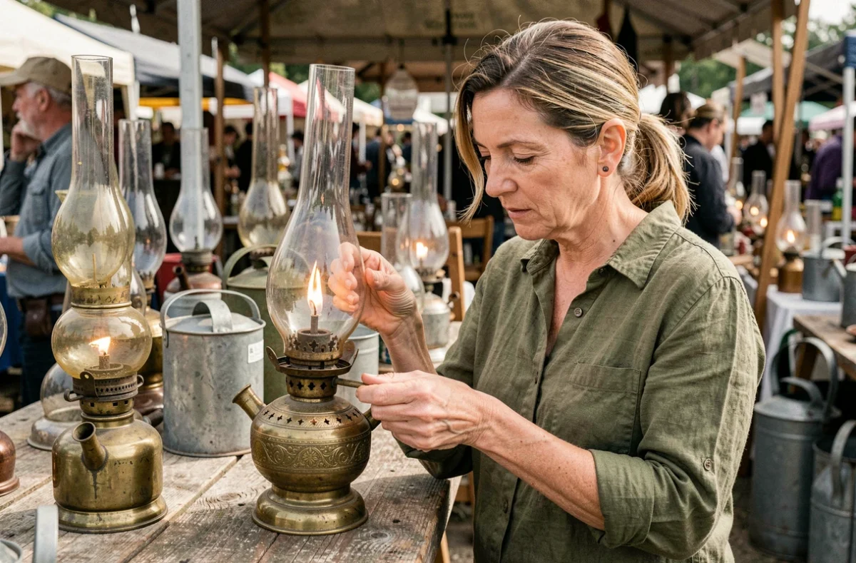 Femme examinant une lampe à pétrole en laiton ancien sur un marché aux puces, illustrant les erreurs d'achat à éviter pour les débutants