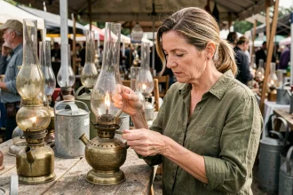Femme examinant une lampe à pétrole en laiton ancien sur un marché aux puces, illustrant les erreurs d'achat à éviter pour les débutants