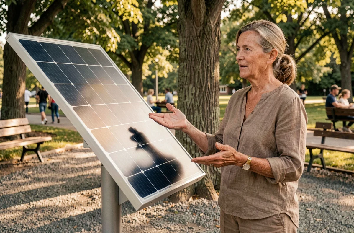 Femme expliquant le fonctionnement d'une fleur solaire dans un parc public avec le dispositif photovoltaïque visible à côté d'elle