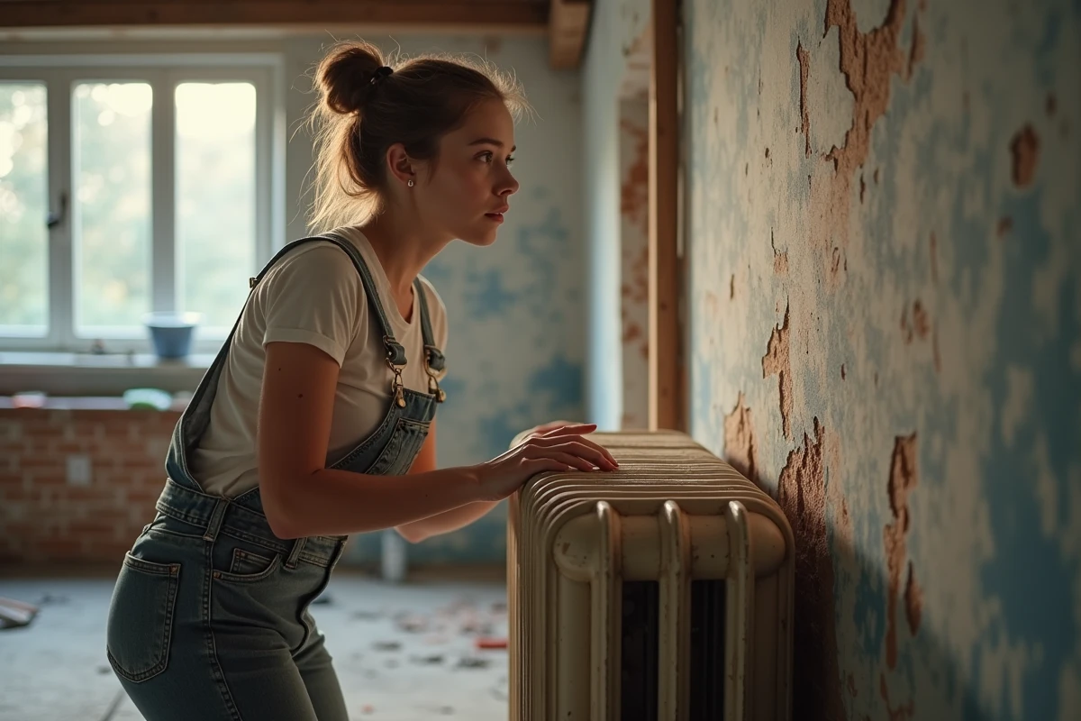 Jeune femme en overalls inspectant un radiateur rouillé