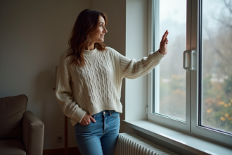 Femme vérifiant les courants d'air près d'une grande fenêtre