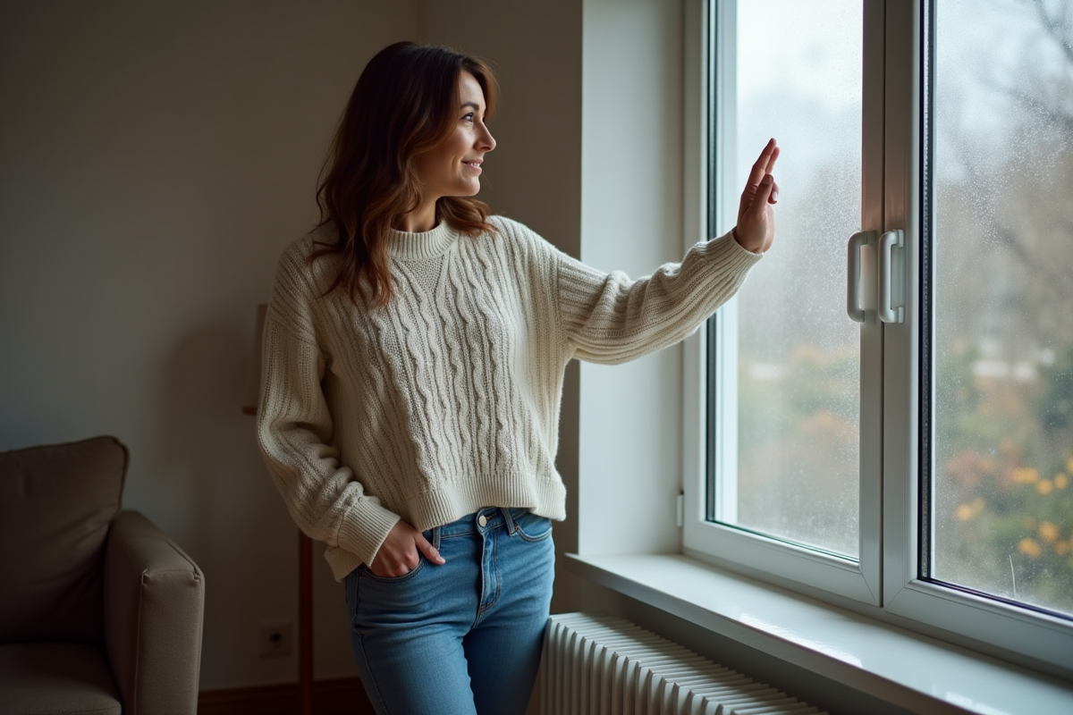Femme vérifiant les courants d'air près d'une grande fenêtre