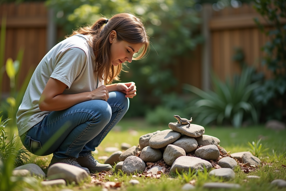 Femme en jardin observe un nid de lézard entre des pierres