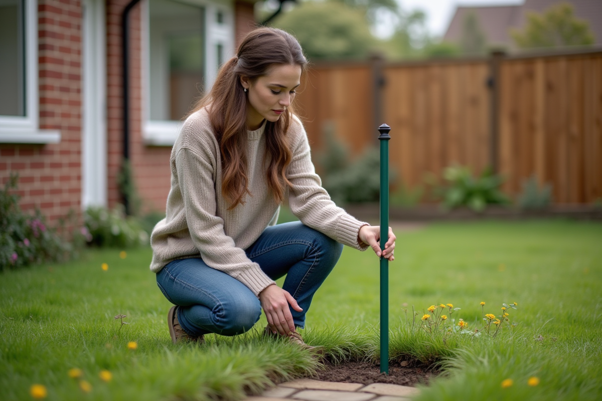 Femme inspectant une tige de mise à la terre dans le jardin