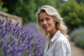 Femme curieuse observant la lavande en été dans le jardin
