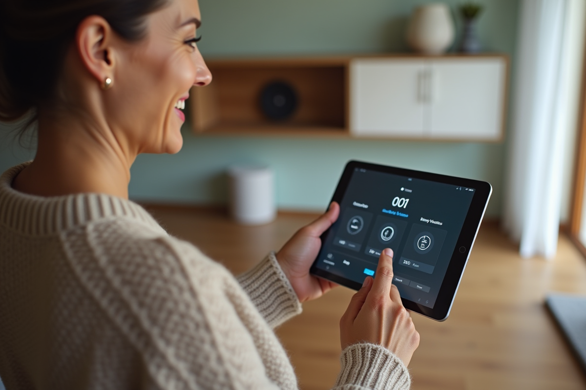 Femme d'âge moyen utilisant une tablette connectée dans un salon moderne