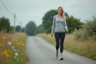 Femme d'âge moyen marche calmement sur route rurale