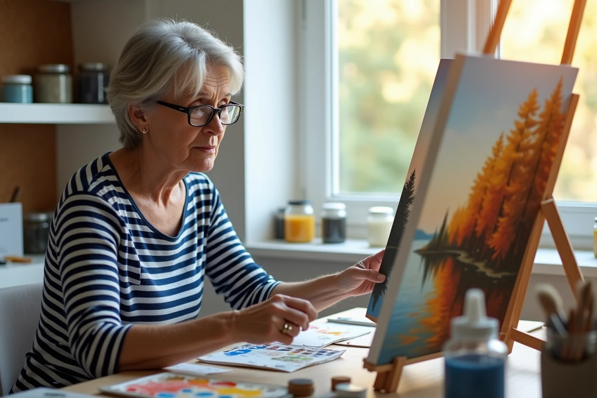 Femme mature dans un atelier d'art à domicile comparant une carte de référence à sa toile paint by numbers, atmosphère sereine et studieuse